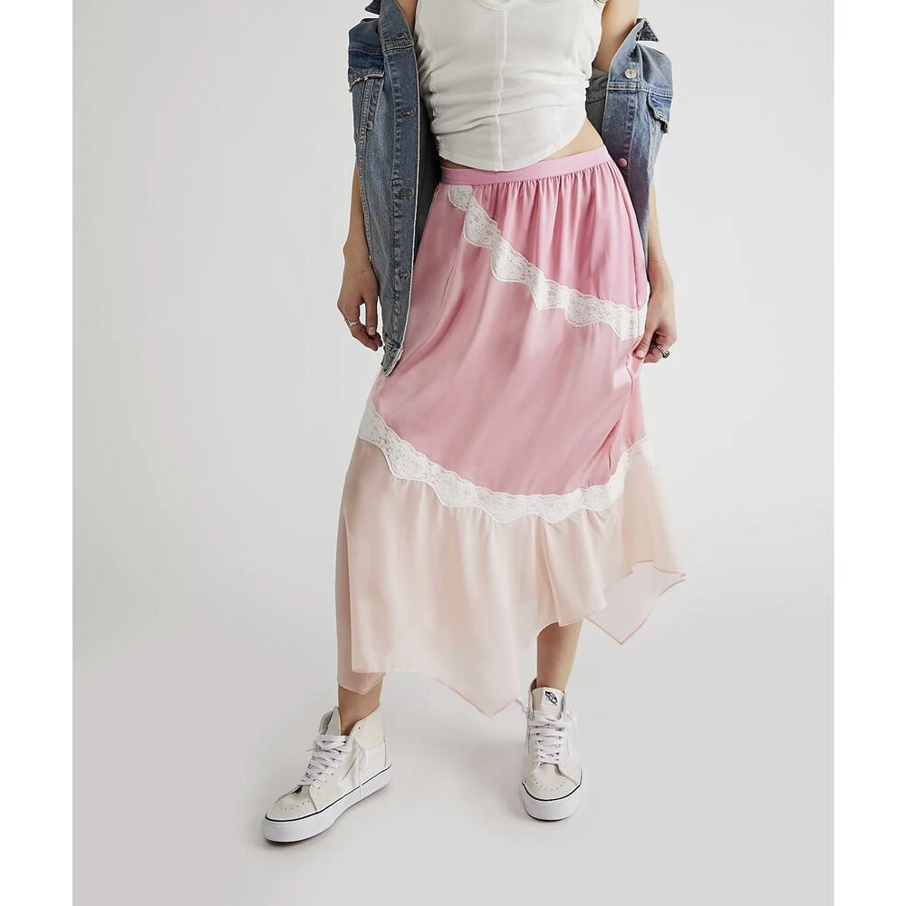 Love Shack Fancy Marten Pink Satin Lace Midi Maxi Skirt Size Small